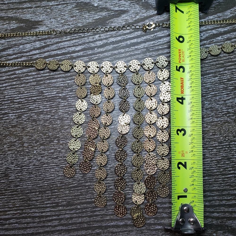 Gold-tone Hammered Metal Disc Fringe/Bib Necklace
